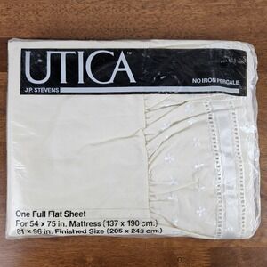 Vtg Utica JP Stevens FULL Flat Sheet Ecru Ruffles Percale Cottage Shabby Granny